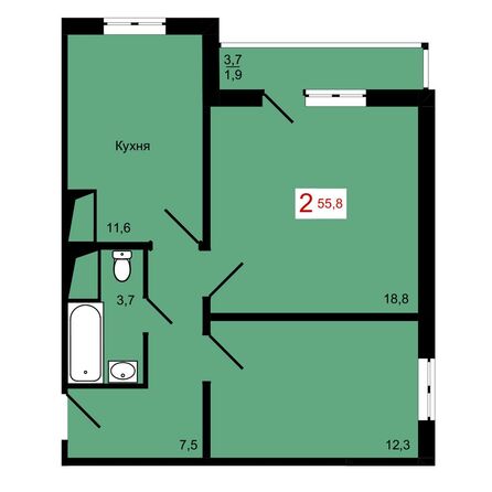 Планировка 2-комн 55,8 м²