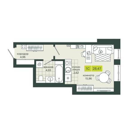 Планировка 1-комн 28,47 м²