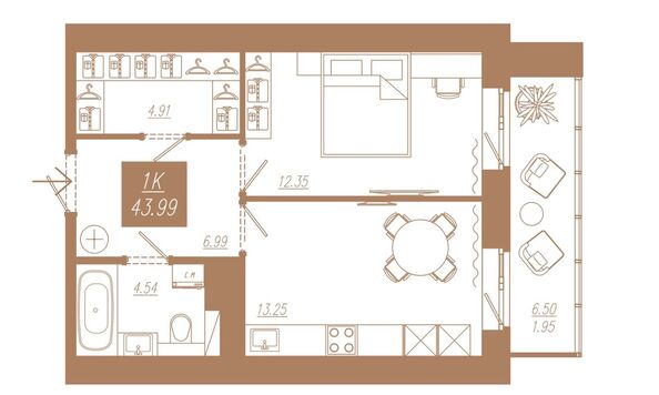 Планировка 1-комн 43,73 м²