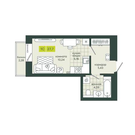 Планировка 1-комн 27,7 м²