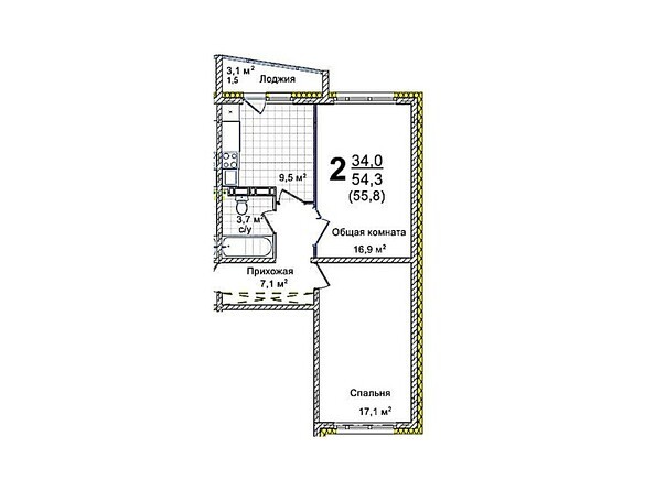 Планировка двухкомнатной квартиры 54,3 кв.м