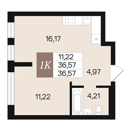 Планировка 1-комн 36,57, 37,05 м²