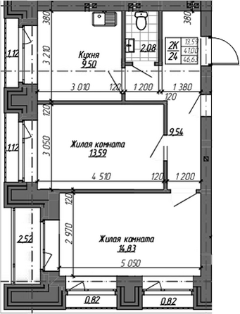 Планировка 2-комн 53,31 м²