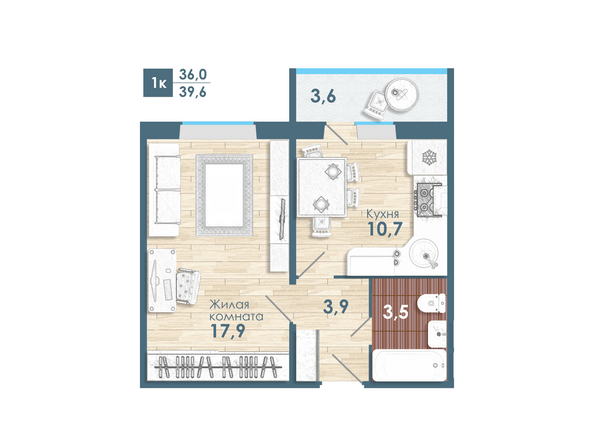 Планировка 1-комн 39,6 м²