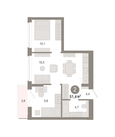 Планировка 2-комн 51,24 - 51,44 м²