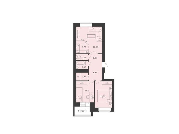 Планировка трёхкомнатной квартиры 68.41 кв.м