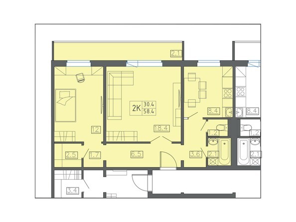 Планировка двухкомнатной квартиры 58,4 кв.м