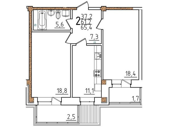 Планировка двухкомнатной квартиры 65,4 кв.м