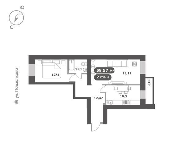 Планировка 2-комн 55,17 м²