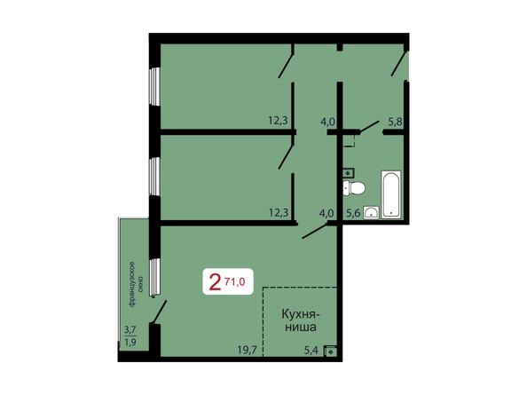 Планировка 2-комн 71 м²