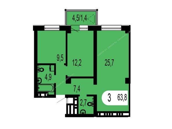 Планировка трехкомнатной квартиры 63,8 кв.м