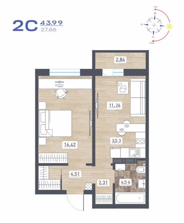 Планировка 2-комн 43,99 м²