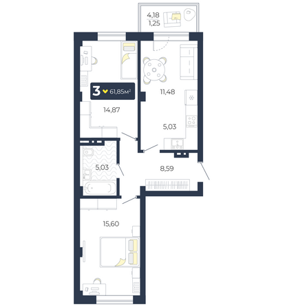 Планировка 3-комн 61,85, 62,05 м²