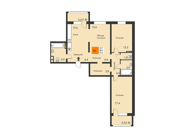 Планировка 3-комнатной квартиры 92,5 кв.м