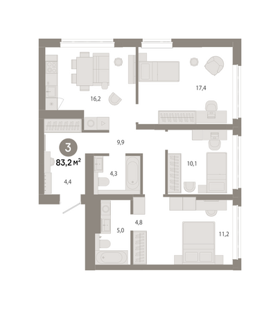 Планировка 3-комн 83,23 м²