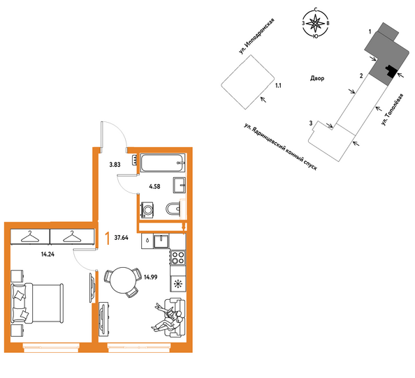 Планировка 1-комн 37,64 м²