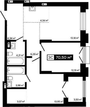 Планировка 2-комн 66,57, 66,58 м²
