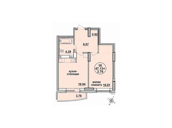 Планировка однокомнатной квартиры 47,13 кв.м
