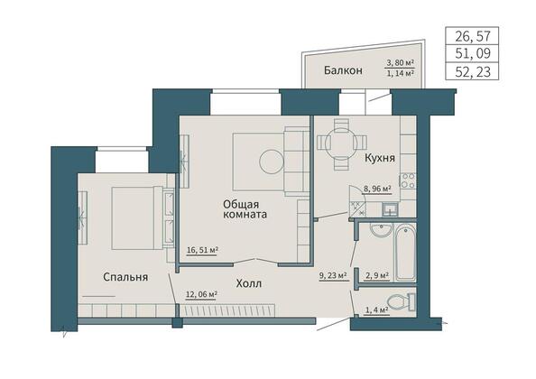 Планировка 2-комн 52,23 м²