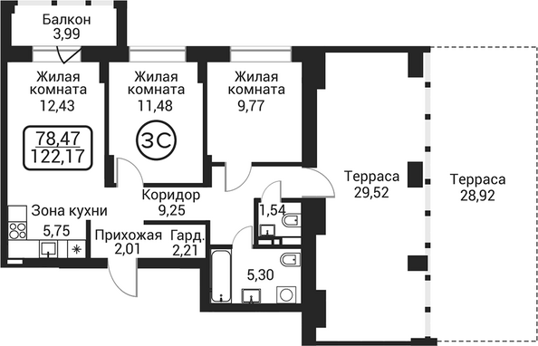 Планировка 2-комн 59,74, 59,76 м²