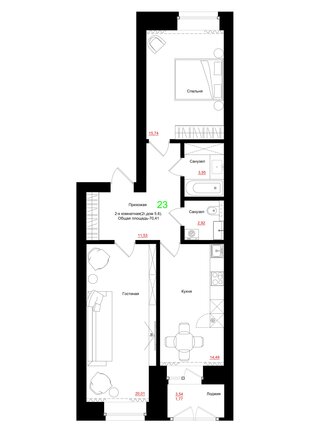 Планировка 2-комн 70,41 м²