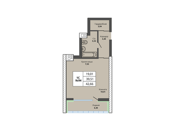 Планировка однокомнатной квартиры 39,51 кв.м