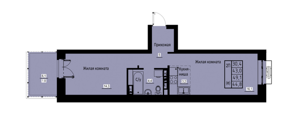 Планировка 2-комн 44,8 м²