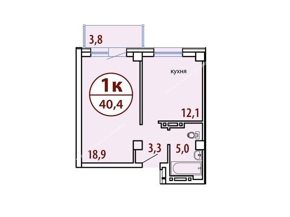 Секция №1. Планировка однокомнатной квартиры 40,4 кв.м