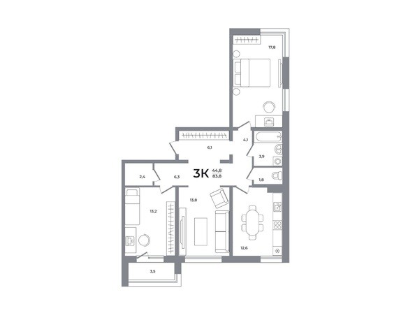 Планировка 3-комн 83, 83,8 м²