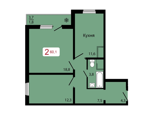 Планировка 2-комн 60,1 м²