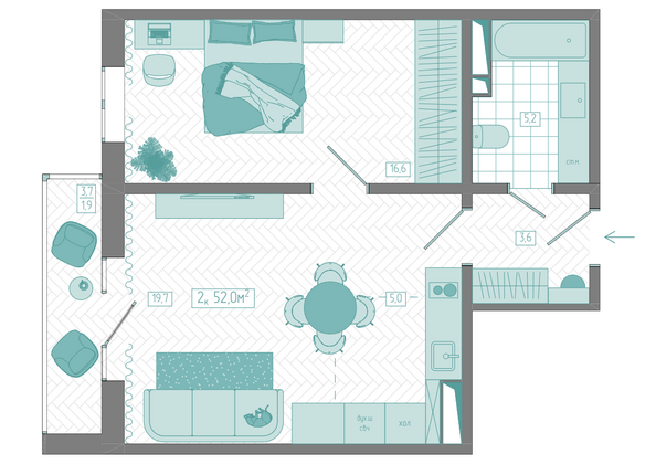 Планировка 2-комн 52 м²