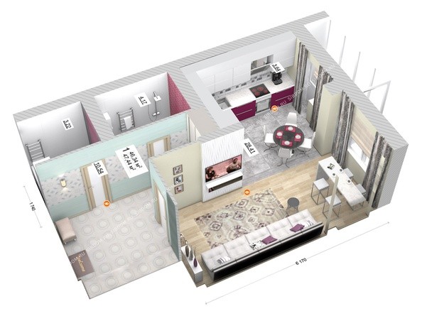 3d-макет 1-комнатной квартиры 47,44 кв.м