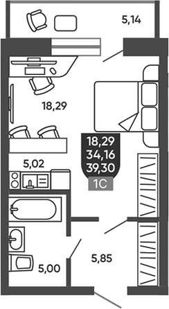 Планировка Студия 34,16 - 34,51 м²