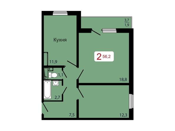 Планировка 2-комн 56,2 м²