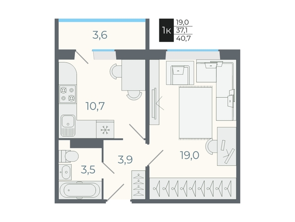 Планировка 1-комн 37,1, 40,7 м²