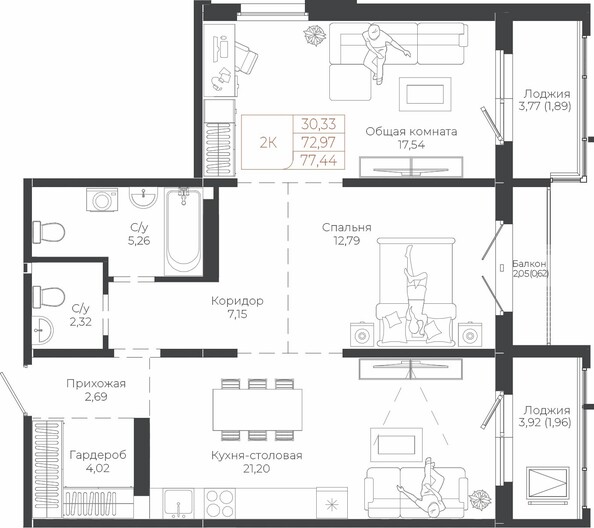 Планировка 2-комн 77,44 м²