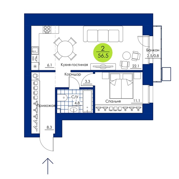 Планировка 2-комн 56,5 м²