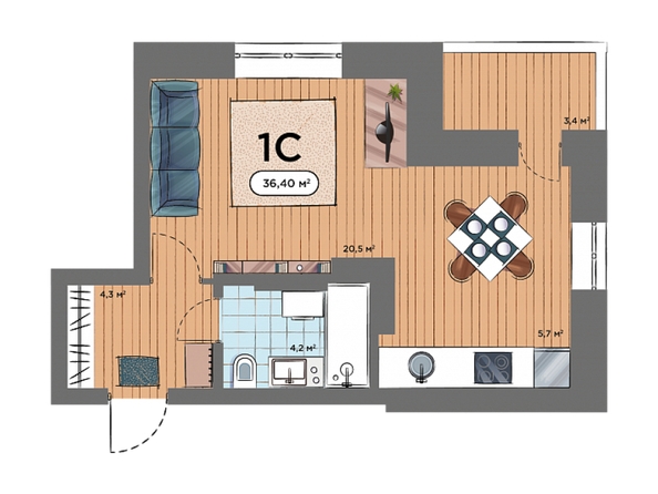 Планировка Студия 36,4 м²