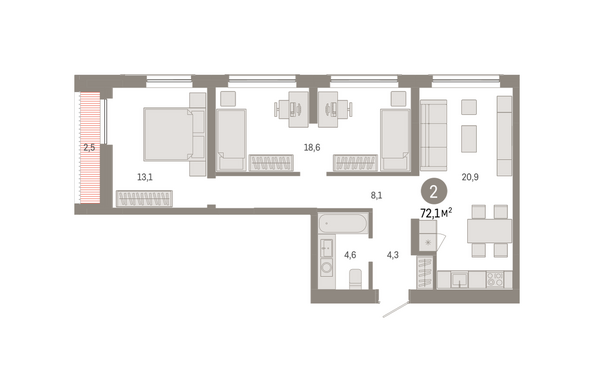 Планировка 2-комн 72,06, 72,16 м²