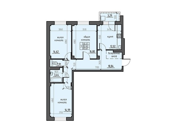 Планировка трехкомнатной квартиры 83,61 кв.м