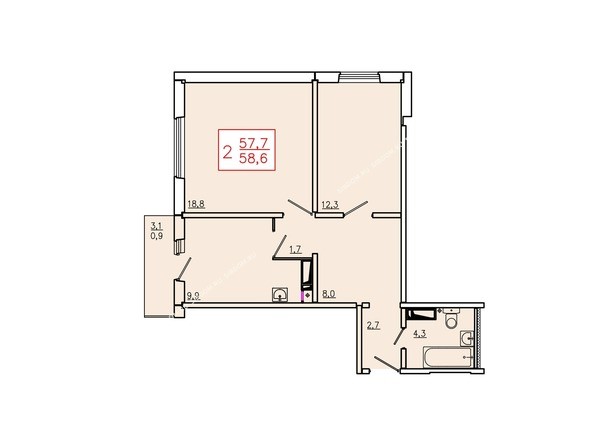 Планировка двухкомнатной квартиры 58,6 кв.м. Этажи 10-16