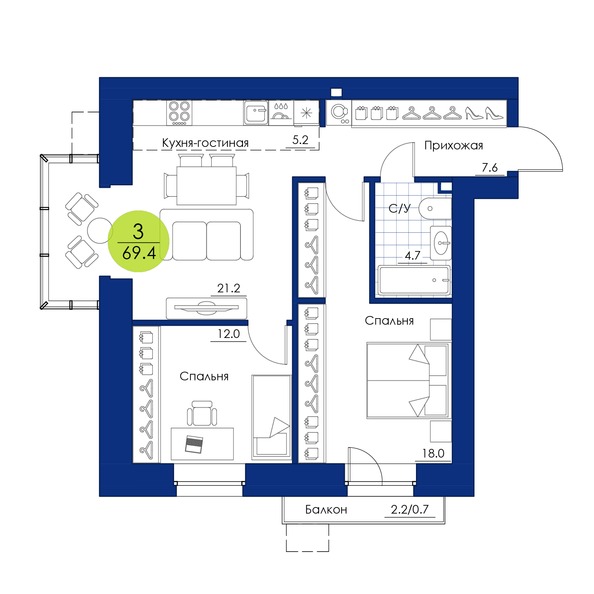 Планировка 3-комн 69,4 м²