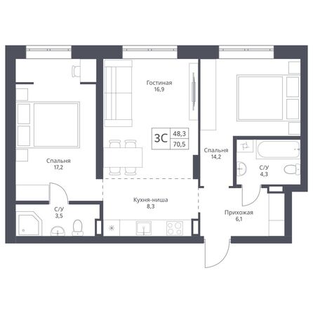 Планировка 3-комн 70,5 м²