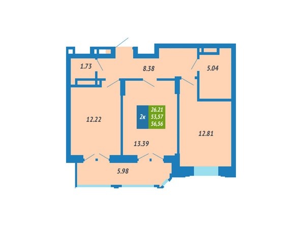 Планировка 2-комнатной квартиры 56,56 кв.м