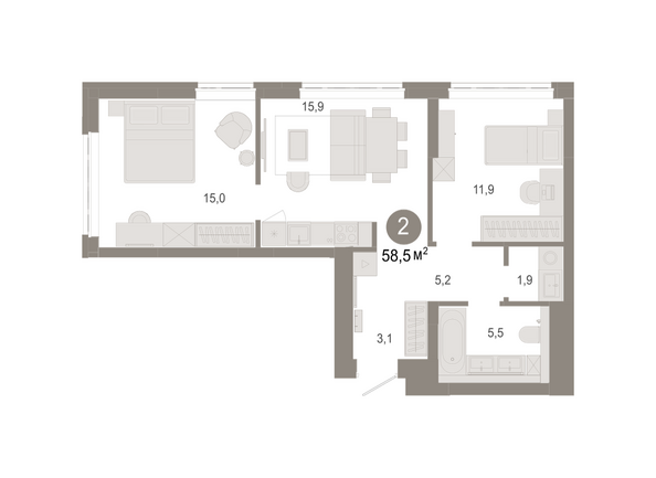 Планировка 2-комн 58,48 - 58,53 м²