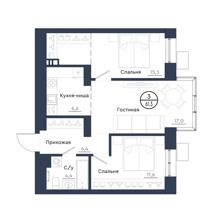 Планировка 3-комн 61,3 м²