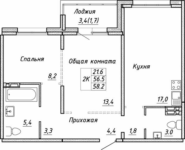 Планировка 2-комн 58,2 м²