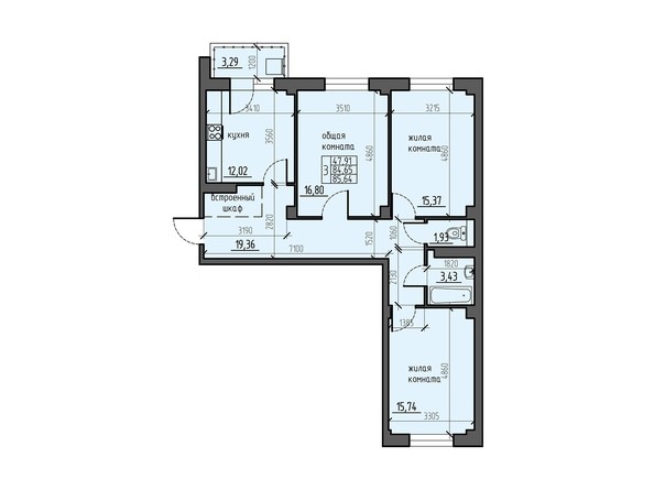 Планировка трехкомнатной квартиры 85,64 кв.м