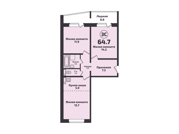 Планировка 3-комн 64,5, 64,7 м²