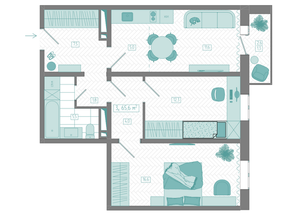Планировка 3-комн 65,6 м²